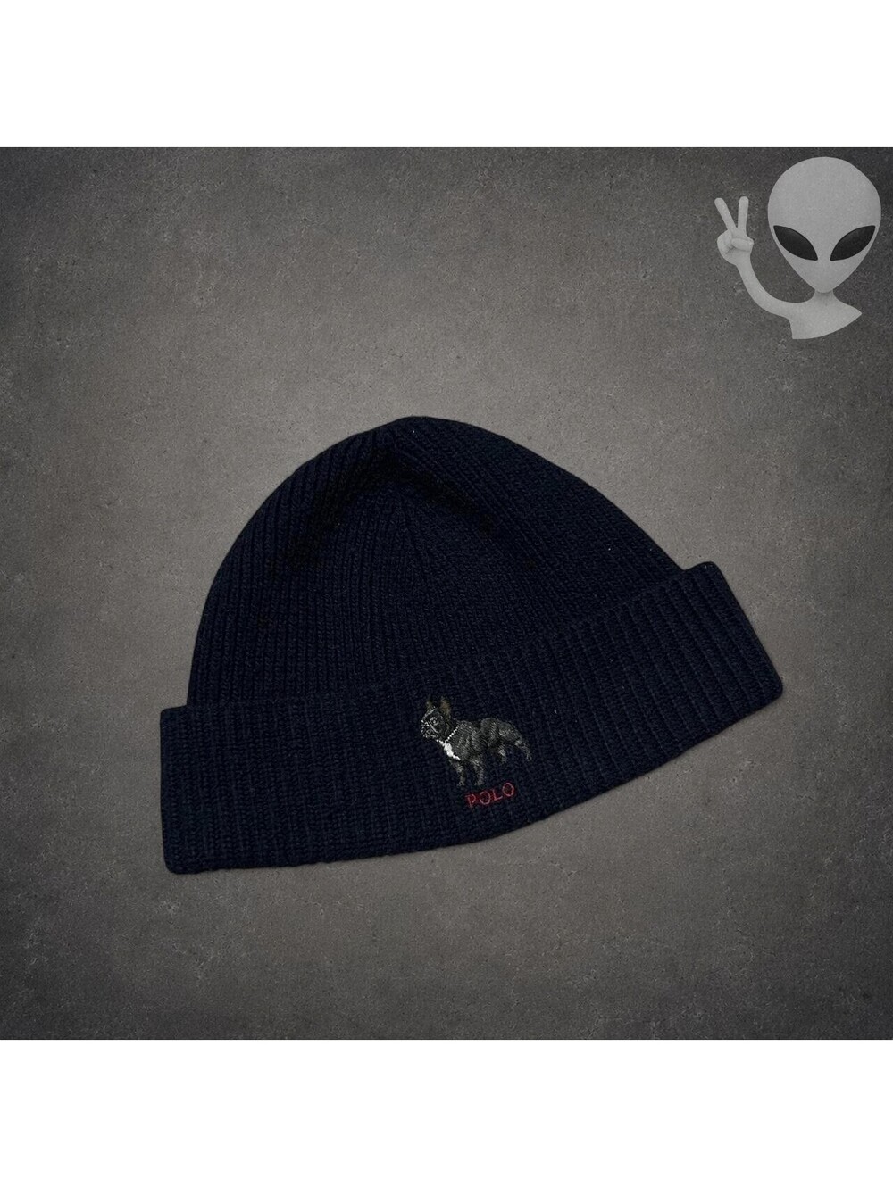 Polo Ralph Lauren Embroidered French Bulldog Beanie Hat Black One Size Preppy